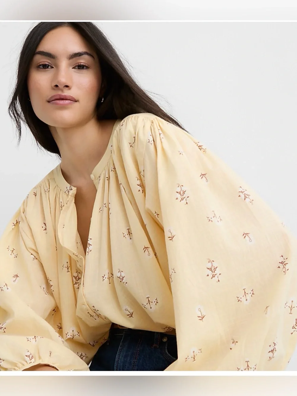 LOFT Yellow Floral Balloon Sleeve Cotton Peasant Blouse NWT Large Cottagecore